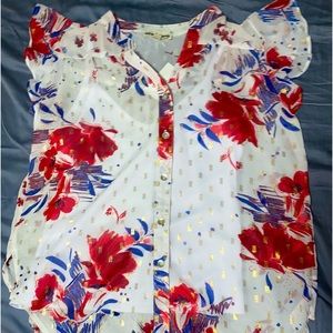 Floral Dobby Top w/ Ruffed Short Sleeves
